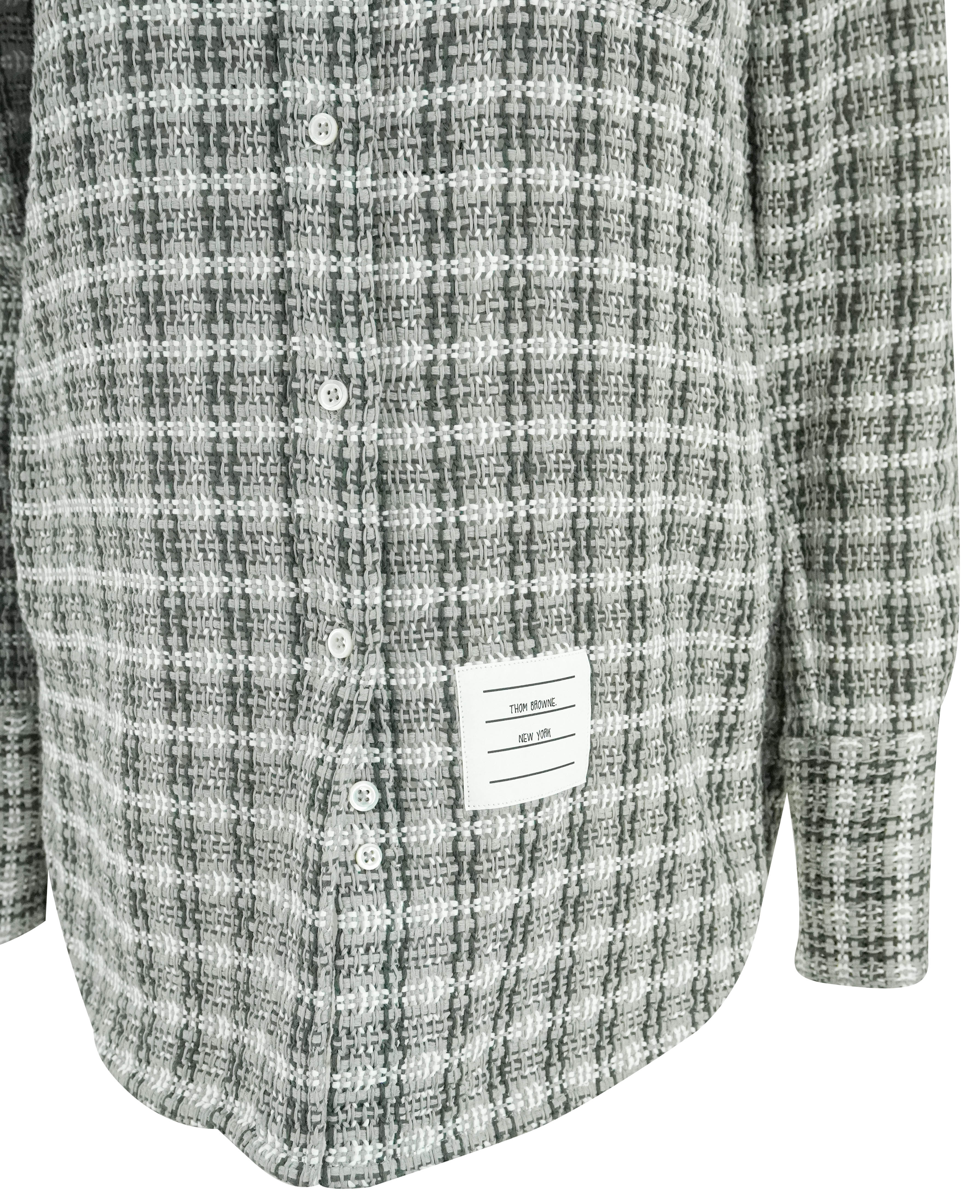 Thom Browne. Checked Crochet Shirt in Green Grey Multi - Image 3