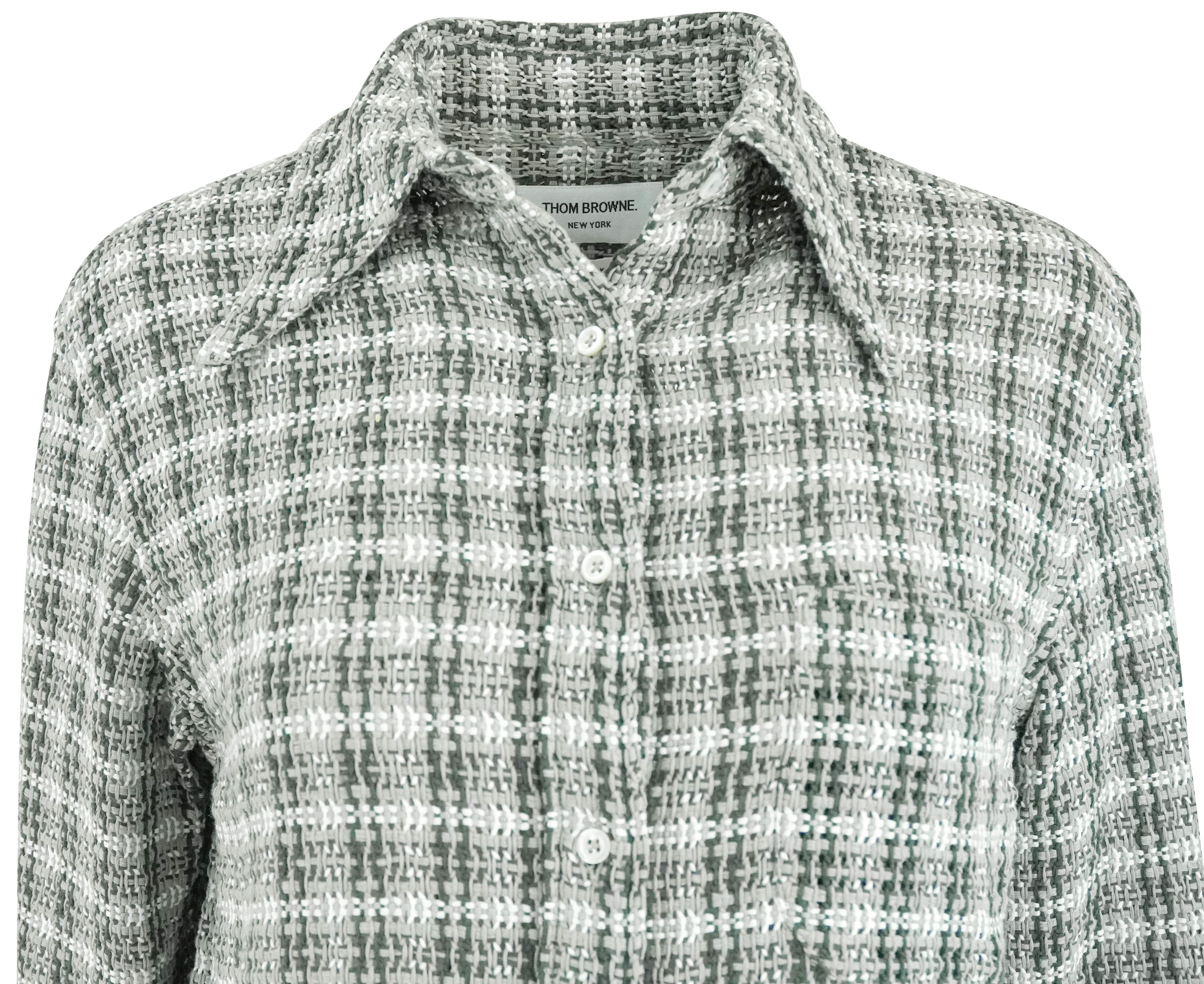 Thom Browne. Checked Crochet Shirt in Green Grey Multi - Image 4